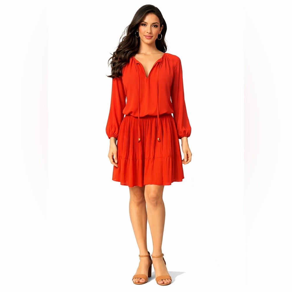 Michael Kors Blouson Dress M Red Stretch Pleated Skirt Long Sleeve Washable